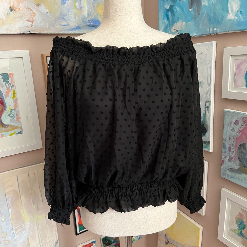 Abercrombie & Fitch Black Sheer Swiss Dot Off Shoulder Peasant Top Size L Chic